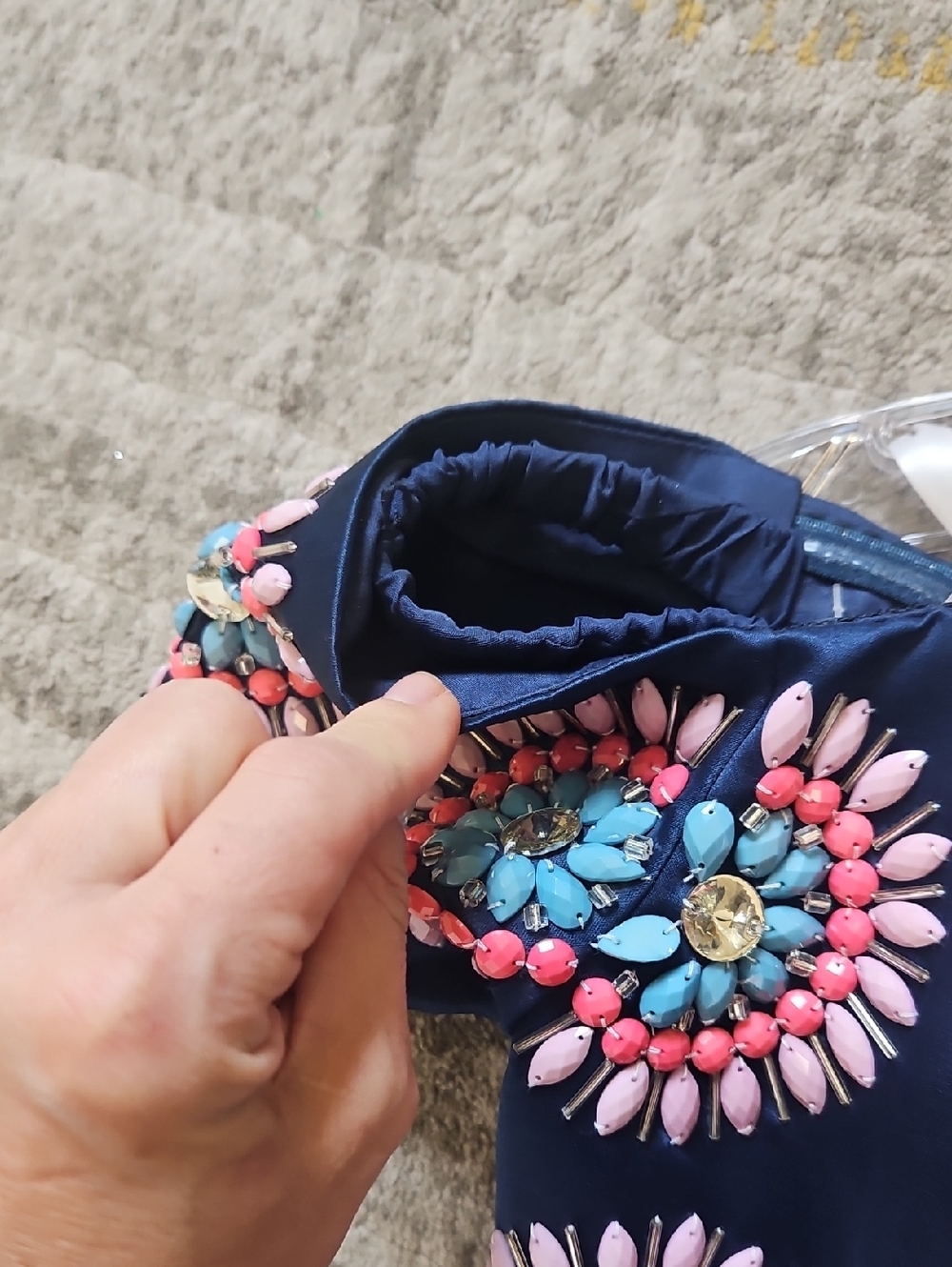 Size 8 TOP ONLY beaded navy satin Off Shoulder Crop Corset by Rachel Allan - Picture 13 of 15